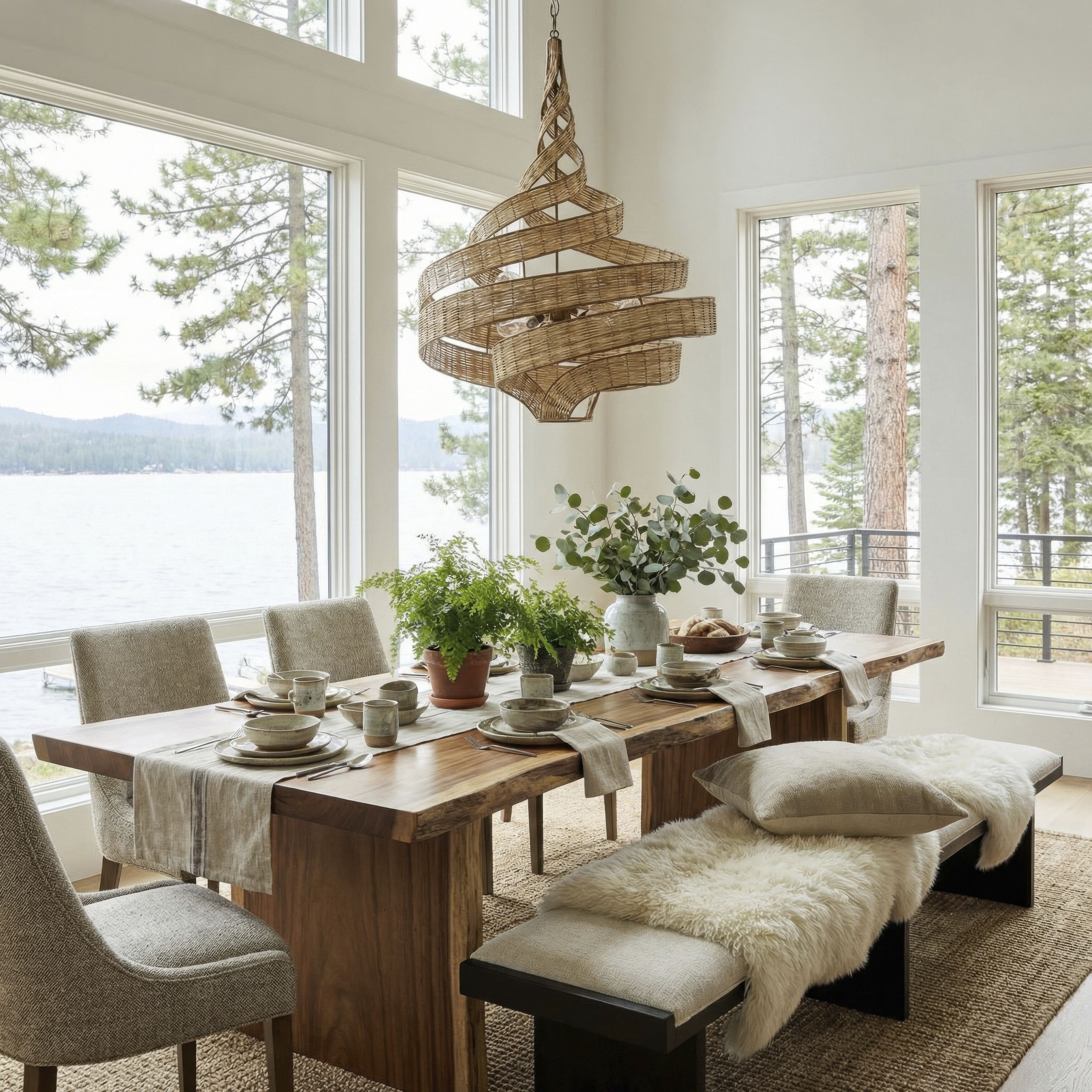 Flow 6 Light 30 inch Baguette and Natural Rattan Pendant Ceiling Light in Baguette/Natural Rattan, Smithsonian Collaboration