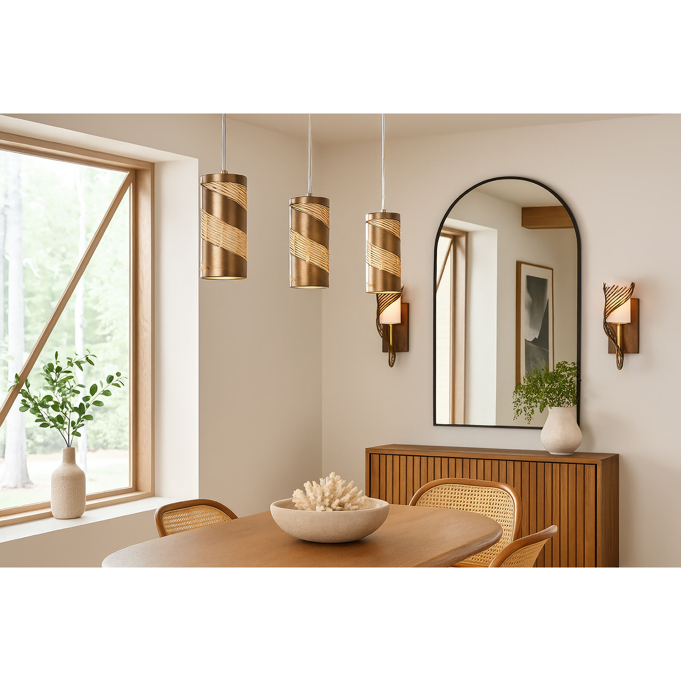 Flow 1 Light 4 inch Baguette and Natural Rattan Mini Pendant Ceiling Light in Baguette/Natural Rattan, Smithsonian Collaboration