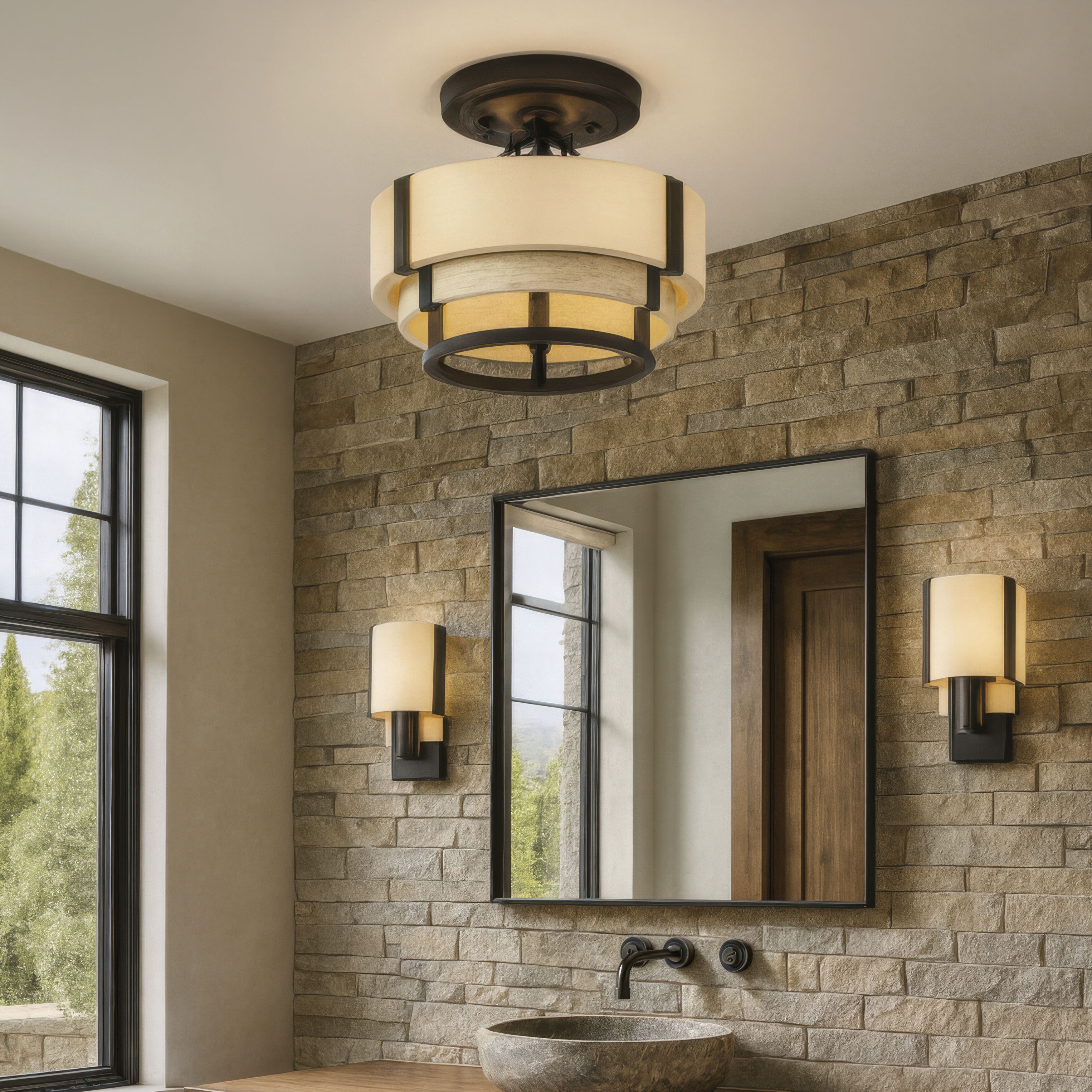 Blonde Moment 3 Light 16.5 inch Matte Black and Honey with Medium Oak Semi-Flush Ceiling Light