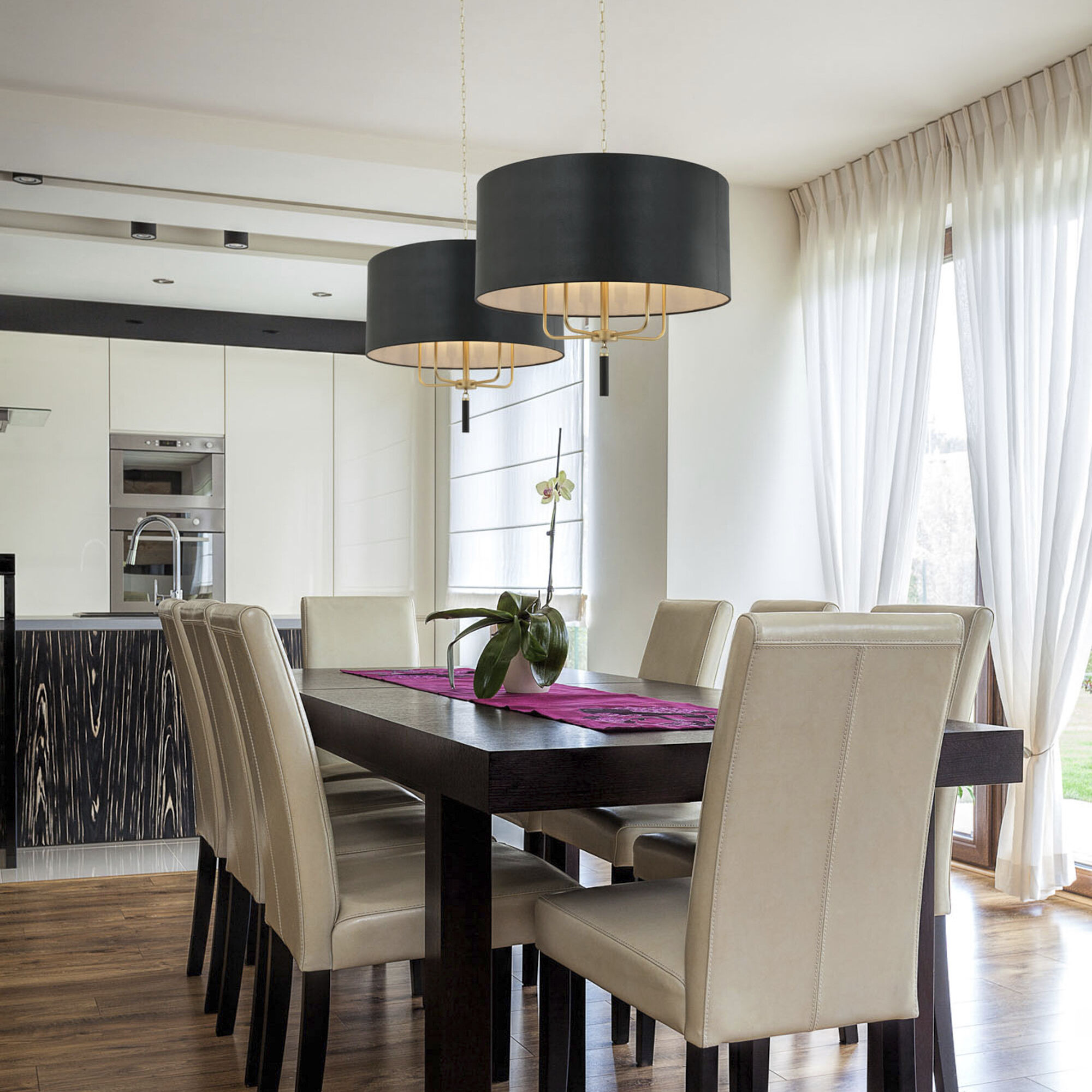 Secret Agent 5 Light 30 inch Gold and Black Leather Pendant Ceiling Light in Painted Gold and Black Leather