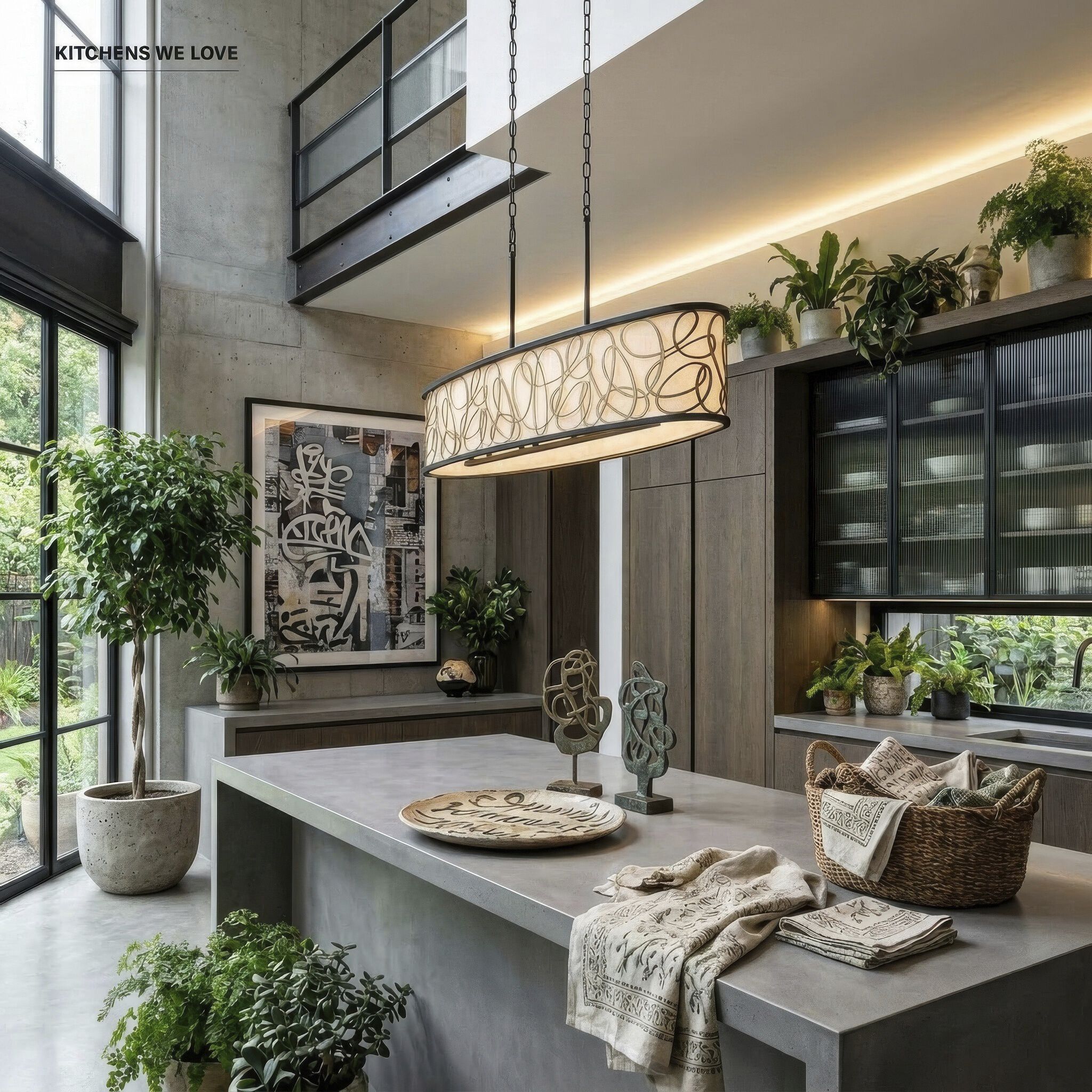 Scribble 6 Light 48 inch Matte Black with Artifact Linear Pendant Ceiling Light, Smithsonian Collaboration