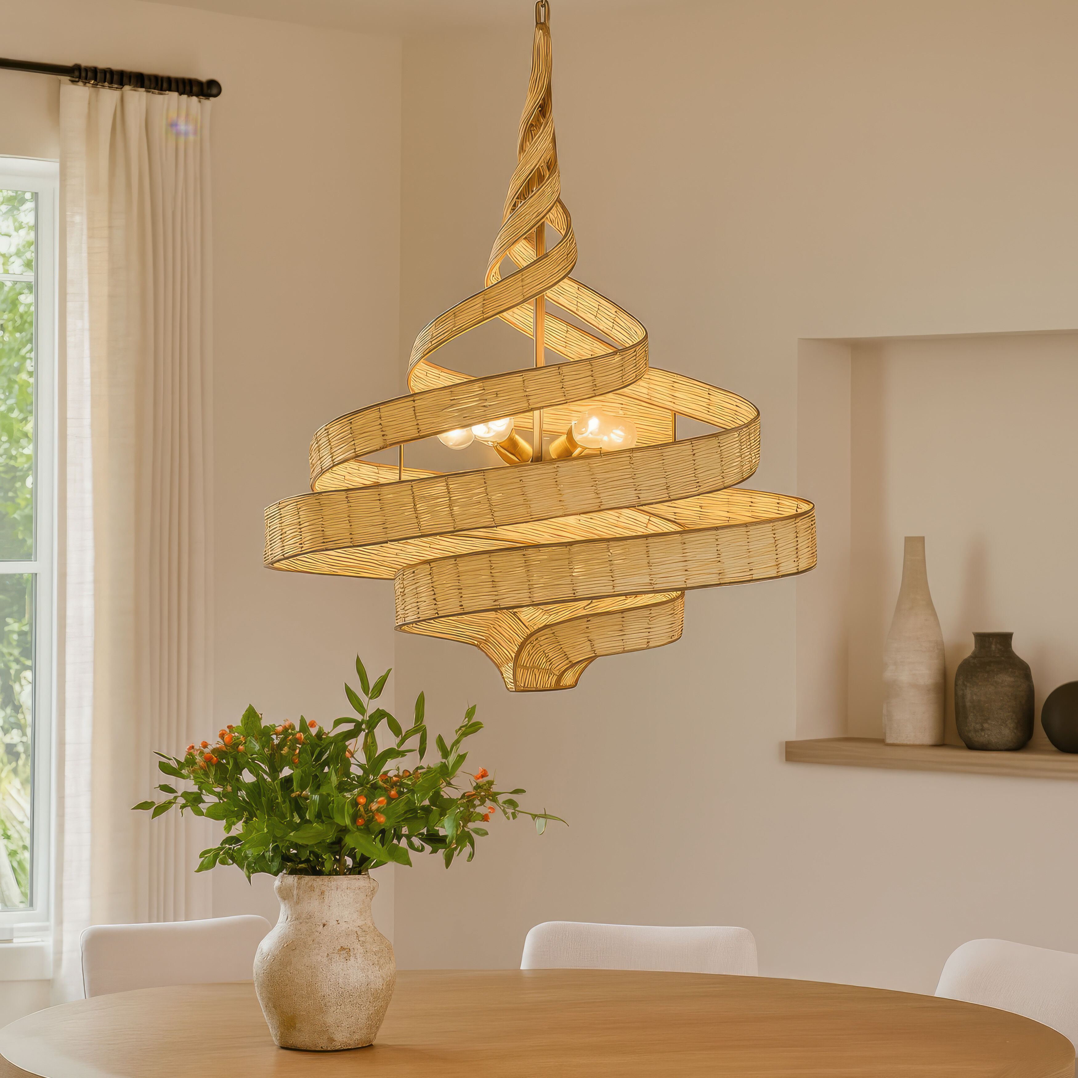 Flow 8 Light 36 inch Baguette and Natural Rattan Pendant Ceiling Light in Baguette/Natural Rattan, Smithsonian Collaboration