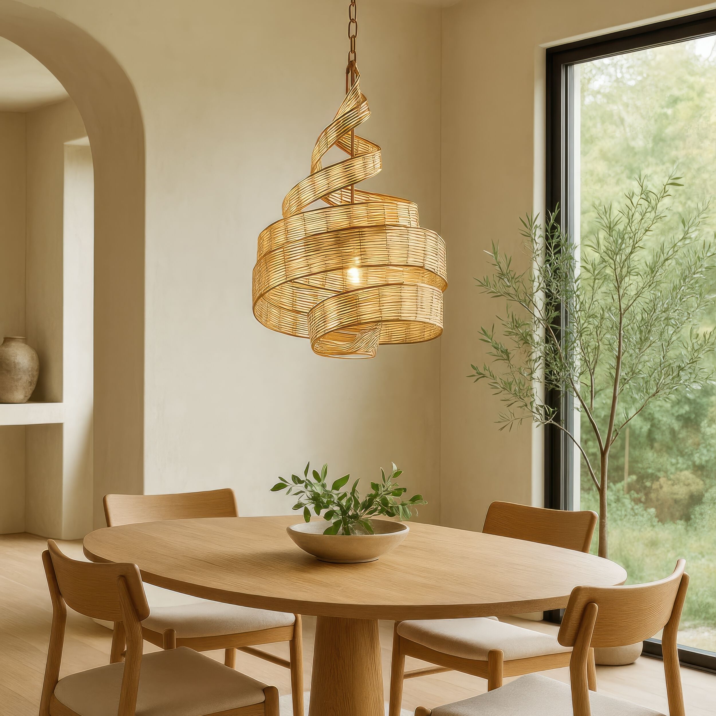 Flow 3 Light 18 inch Baguette and Natural Rattan Pendant Ceiling Light in Baguette/Natural Rattan, Smithsonian Collaboration