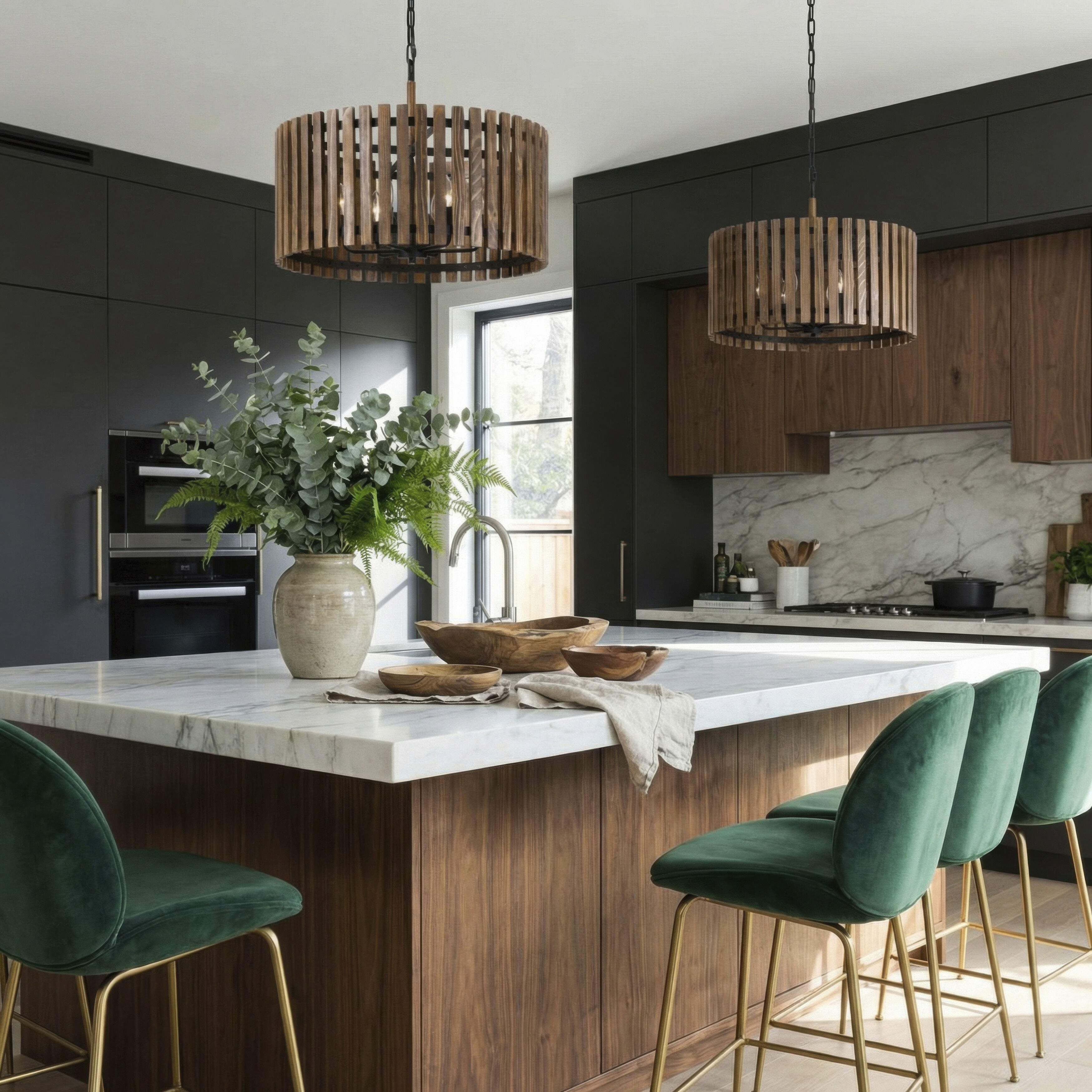 Suratto 6 Light 24 inch Matte Black and Medium Walnut Pendant Ceiling Light in Matte Black/Medium Walnut