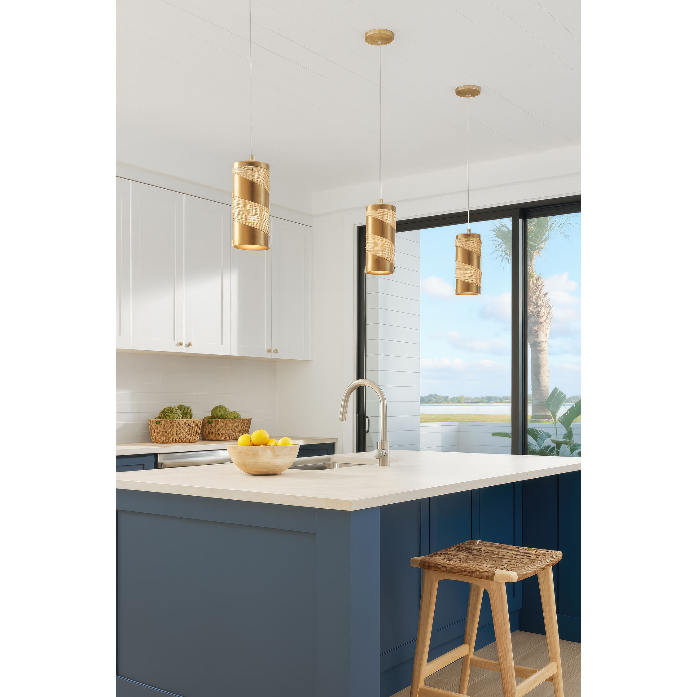 Flow 1 Light 4 inch Baguette and Natural Rattan Mini Pendant Ceiling Light in Baguette/Natural Rattan, Smithsonian Collaboration